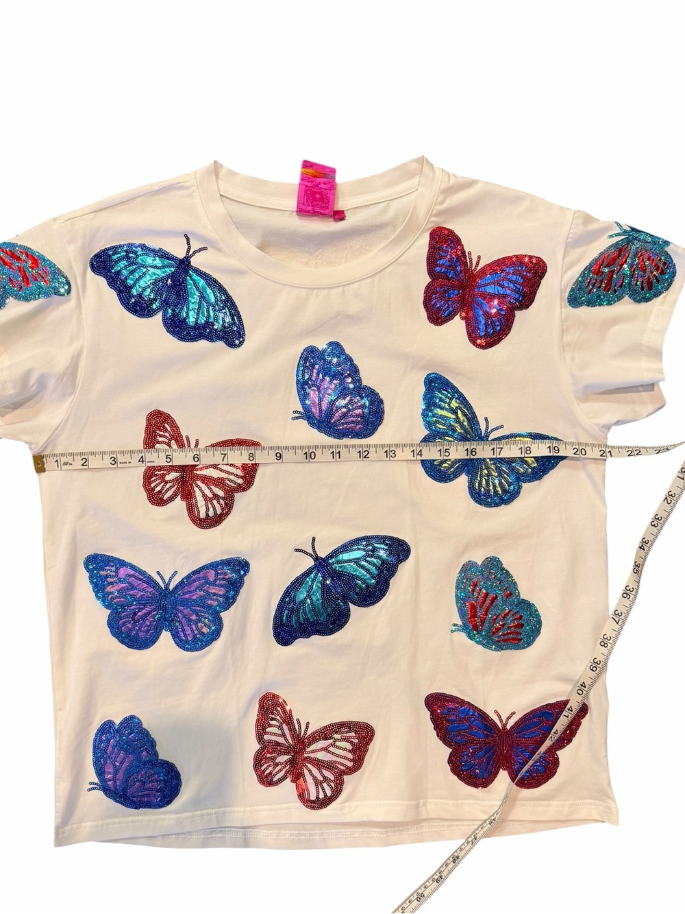 Queen of Sparkles Butterfly Sequin Tee White Multicolor Graphic Top Sz S - Picture 11 of 12